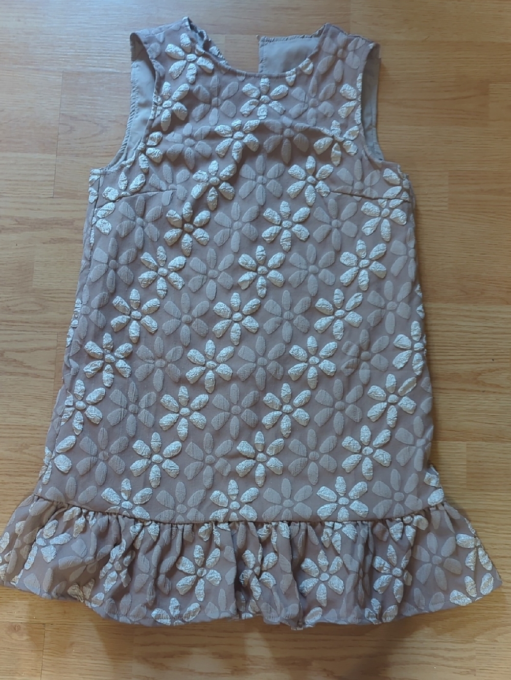 Woman's Taupe Floral Embroidered Ruffle-Hem Dress